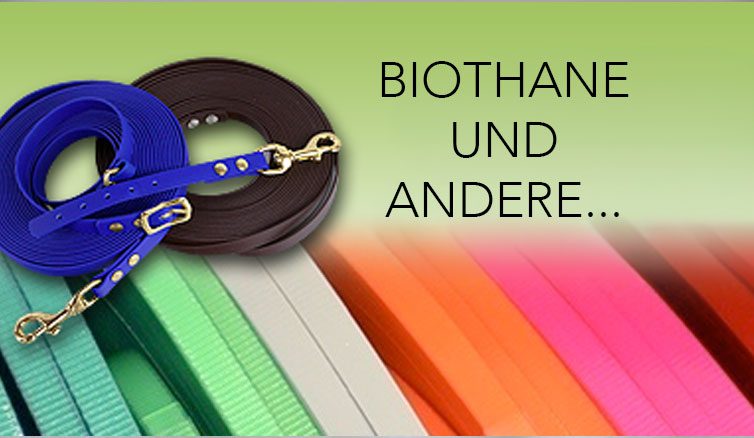 BioThane-Leinen in Blau und Braun vor einer Reihe farbiger Riemen