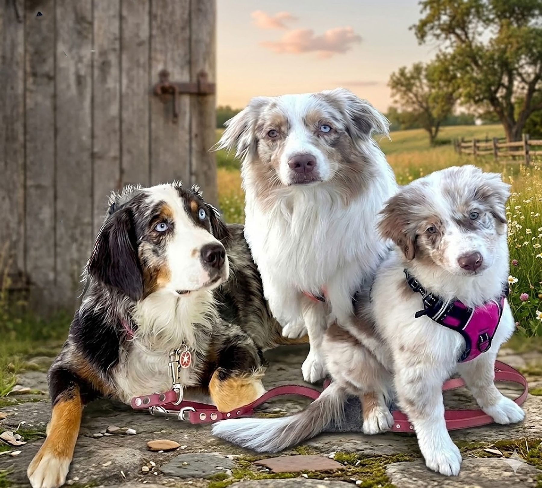 Drei Hunde mit roten ZAZU-Halsbändern und Leinen vor einer Holztür